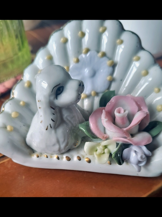 Other - Porcelain Puppy Trinket Dish with Pink Roses